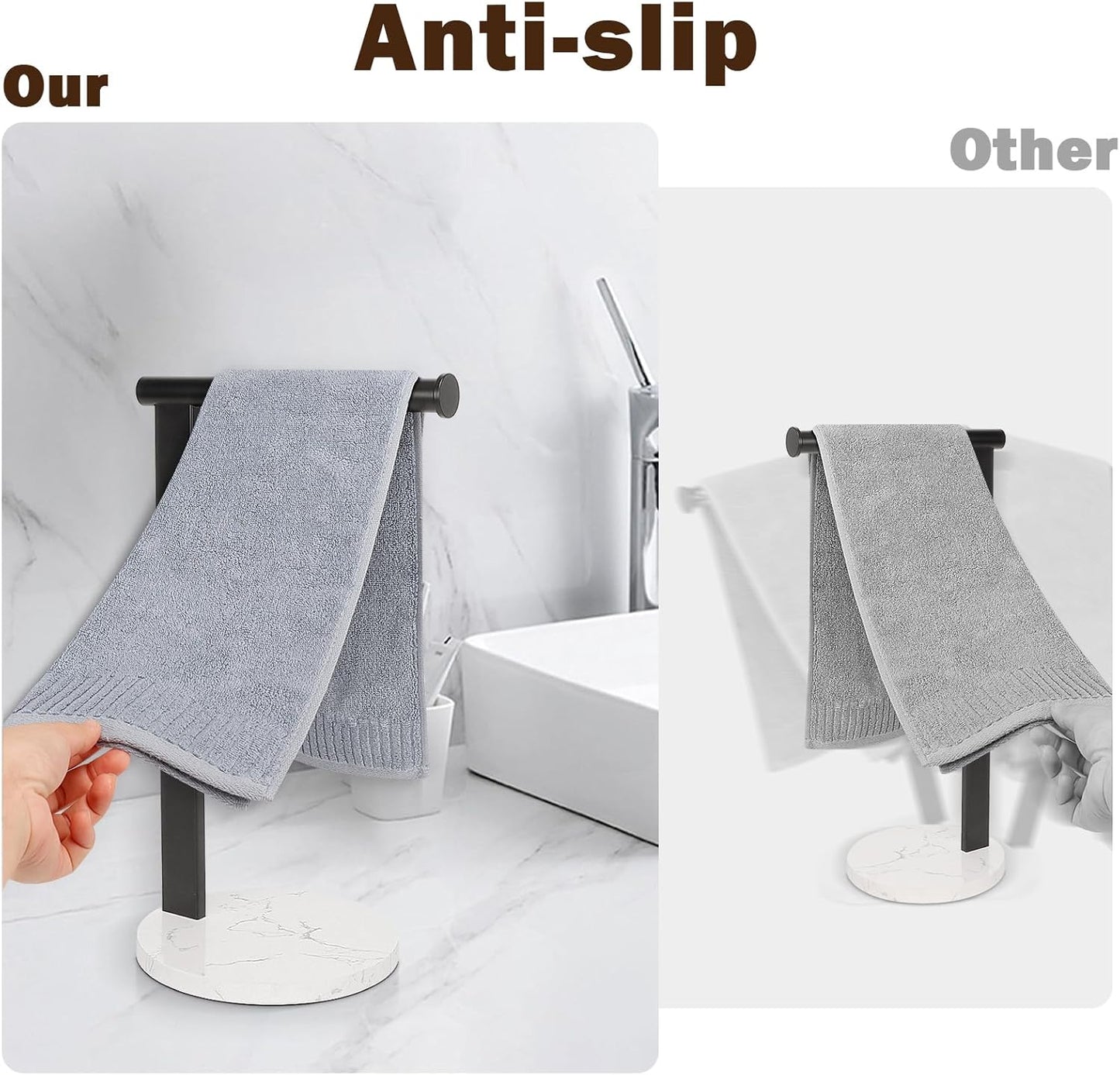 Hand Towel Holder Stand for Bathroom, L- Shaped Standing Hand Towel Rack, Towel Bar Kitchen Vanity Countertop Organizer, SUS304 Stainless Steel Material (Marble Base, Matte Black)