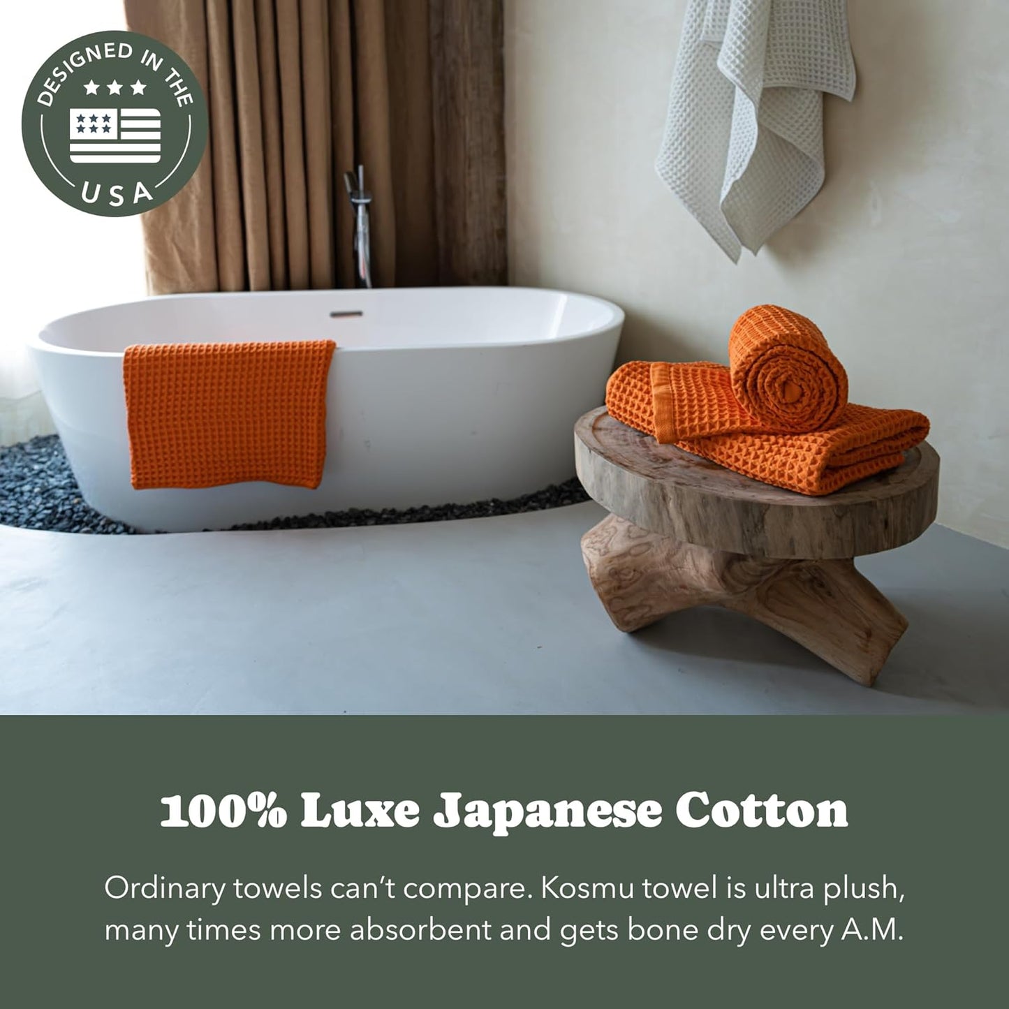 Luxury Japanese Cotton Waffle Bath Towel | Plush, Absorbent, and Quick Dry | Free Storage Bag Included (Coral Orange, Bath Towel, 55" x 34")