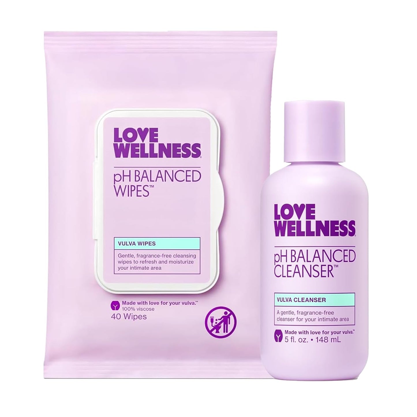 Love Wellness pH Balancing Cleanser & pH Balancing Wipes | Her Essentials Duo | On The Go Support for Her | Cleanser for Balanced pH, Intimate Health & Hygiene
