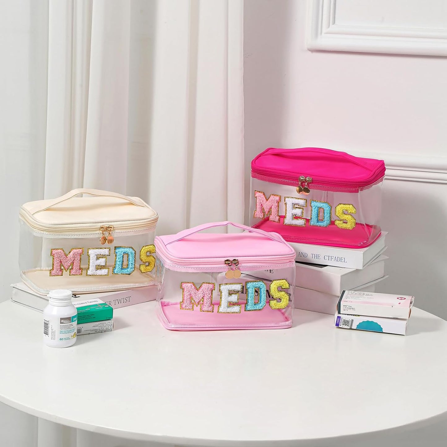 Personalized Chenille Letter Clear Medicine Makeup Bag, Large Waterproof Nylon Cosmetic Toiletry Storage bag with Top Handle, Transparent Meds First Aid Travel Organizer Cosmetic Bag(12Green-Meds)