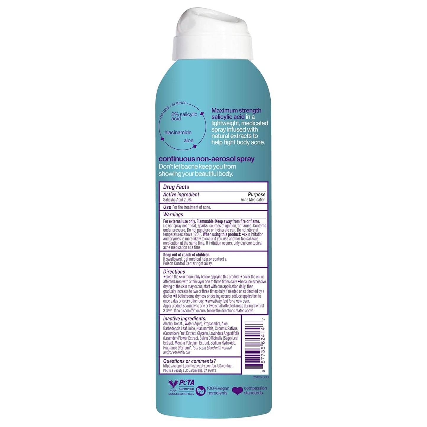 Pacifica Bacne Warrior - Bacne Salicylic Acid Spray, Back Acne Treatment Spray with 2% Salicylic Acid, Niacinamide, and Aloe, Body Acne Warrior for Body, Chest, and Back, Dermatologist Tested- 6 Fl Oz