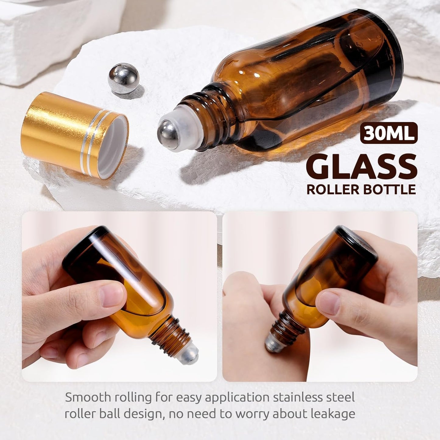 4-Pack 1 oz (30ml) Amber Glass Roller Bottles for Essential Oils | Refillable Roll-On with Stainless Steel Rollers | Leakproof, UV Protection
