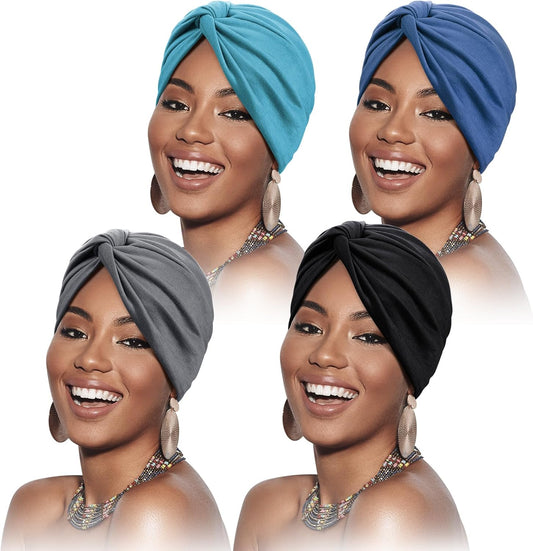 SATINIOR 4 Pieces Turbans for Women Soft Pre Tied Knot Fashion Pleated Cancer Turban Cap Chemo Headwrap Sleep Hat, 4 Colors