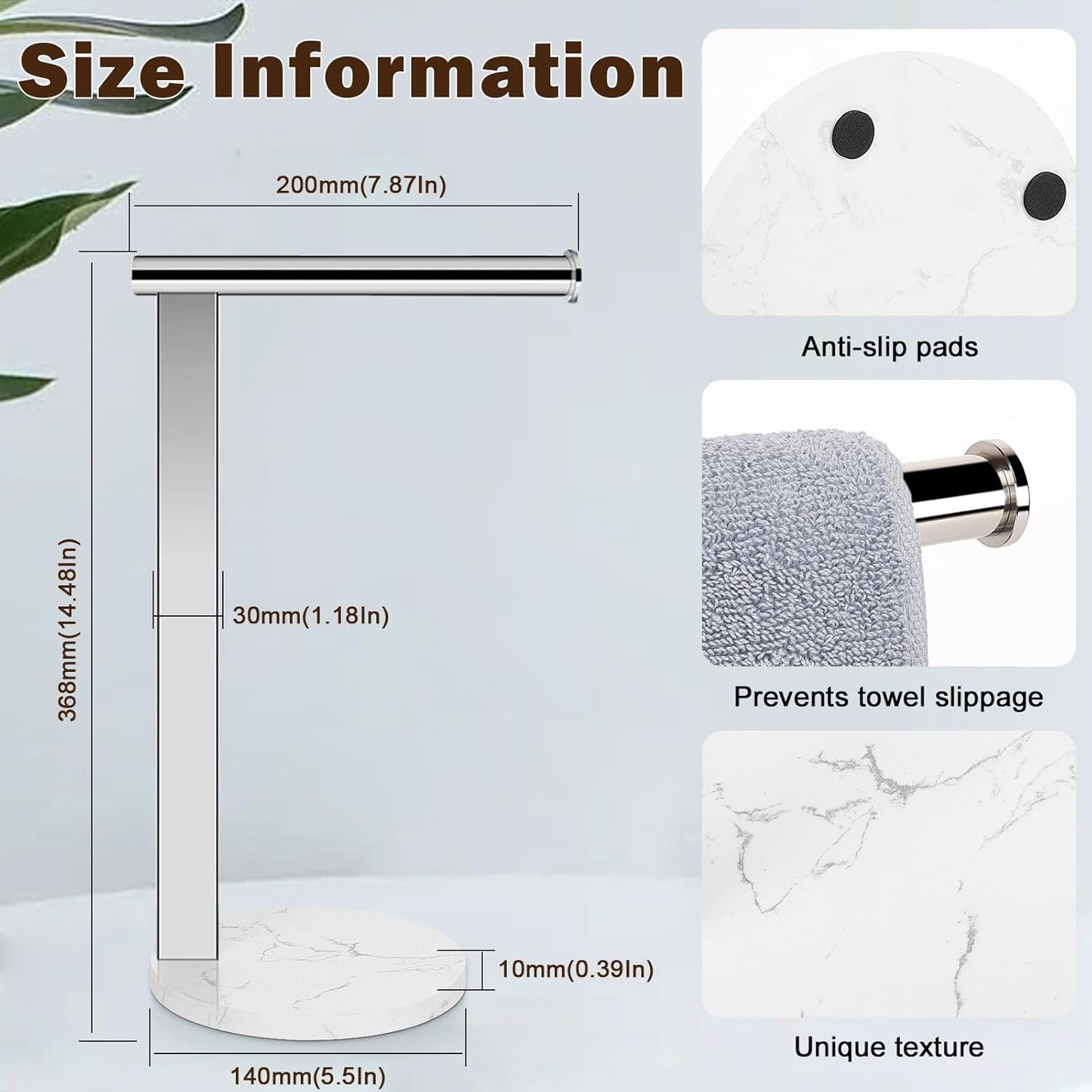 Hand Towel Holder Stand for Bathroom, L- Shaped Standing Hand Towel Rack, Towel Bar Kitchen Vanity Countertop Organizer, SUS304 Stainless Steel Material (Marble Base, Chrome)