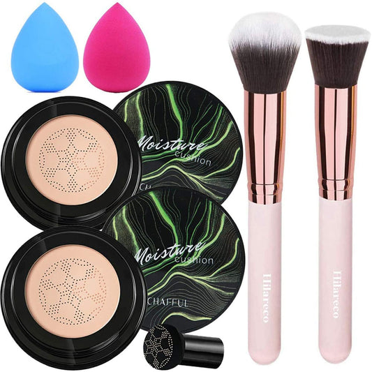2 PCS Mushroom Head Air Cushion CC Cream Nature Foundation,Foundation Brush Powder Brush,Moisturizing Concealer, Bright Makeup Base Long Lasting with Mushroom Makeup Sponge (2PCS #01 Ivory)