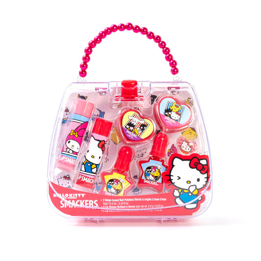 Lip Smacker Hello Kitty Nail Polish & Flavored Lip Balm Makeup Tote - Moisturizing Balms, Colorful Nail Polishes, Sanrio Accessory Ring, Stylish Tote Bag, Perfect Glam Gift for Hello Kitty Lovers