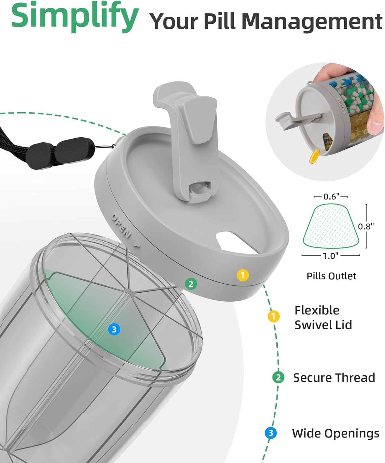 PULIV Large Supplement Organizer Bottle, Holds Plenty of 6 Various Vitamins in 1 Pill Dispenser with Anti-Mixing & Wide Openings Design, Easy to Retrieve Meds, Includes 20 Pcs Stick-on Labels Gray