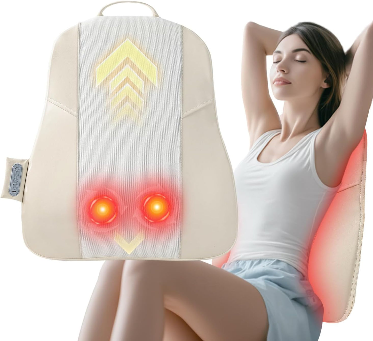Back Massager for Pain Relief Deep Tissue, Ultrathin Rolling Up and Down Full Back Massage with Heat, 4D Shiatsu Kneading, Shoulder Massager, Extended Widened Design for Home, Office, Car Use, Beige