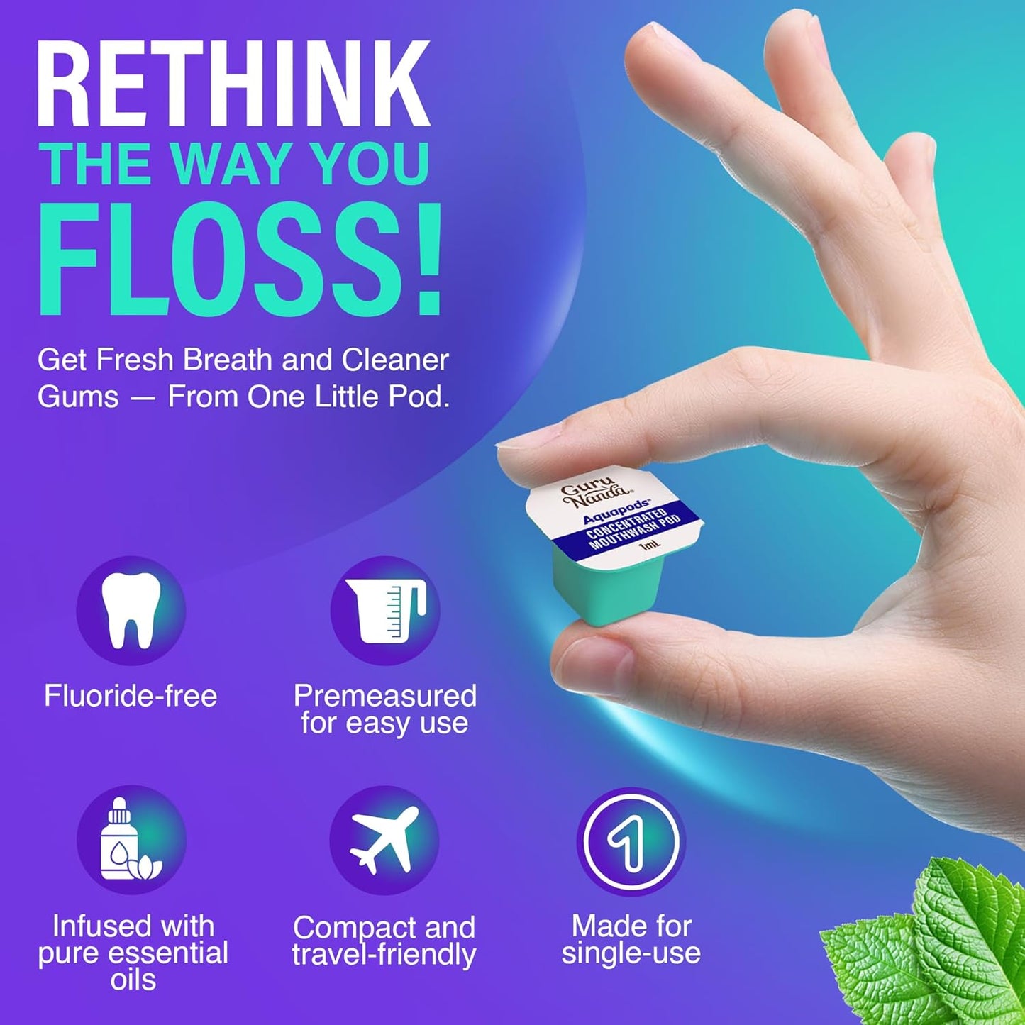 GuruNanda Aqua Pods Pre-Measured Concentrated Mouthwash for GuruNanda Water Flosser 4.0, Fluoride & Alcohol-Free, Wild Mint Flavor, Travel-Friendly, 60 Count