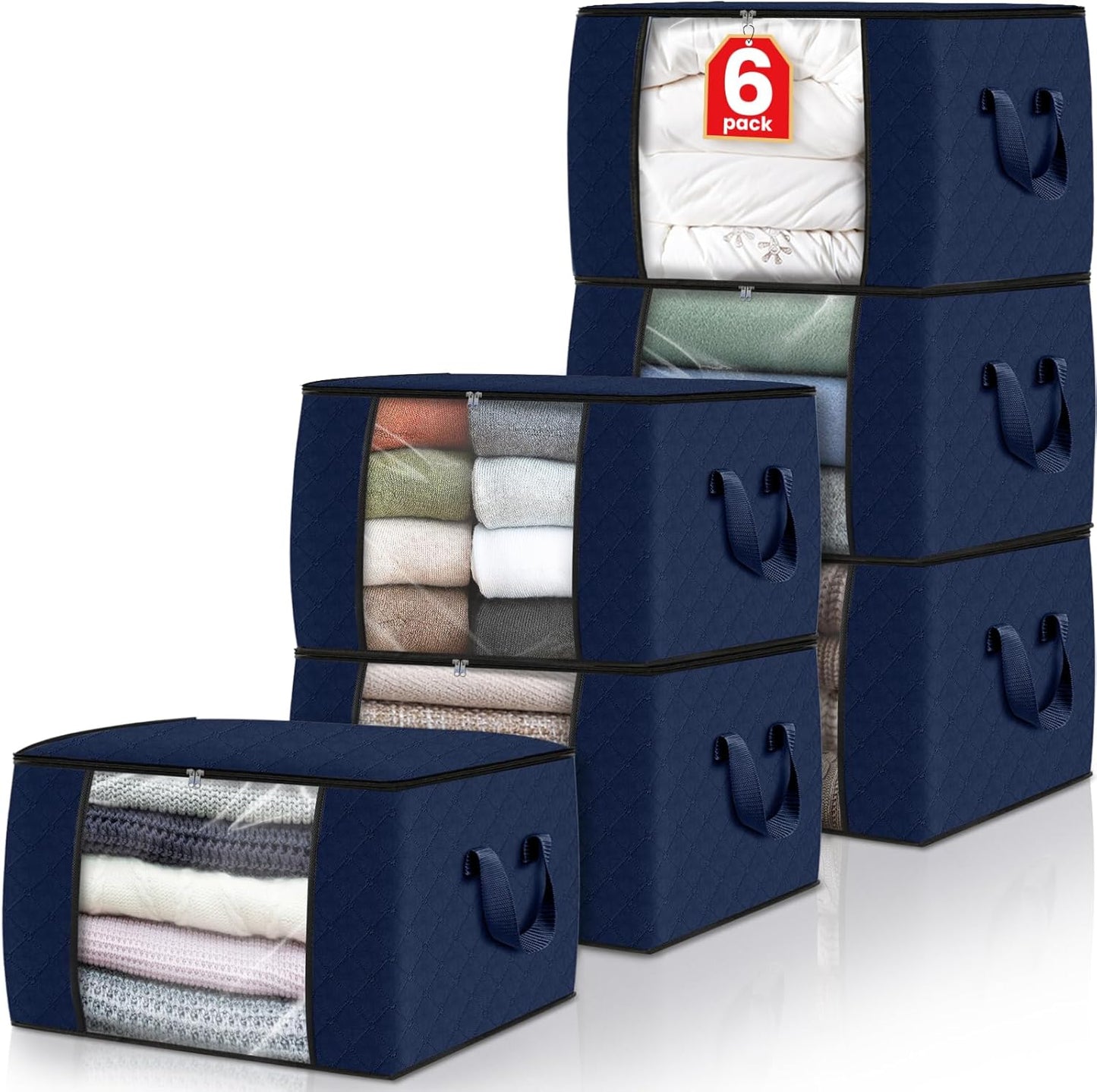 Fab totes 6 Pack Clothes Storage, Foldable Thick Fabric Blanket Storage Bags, Containers for Organizing Bedroom, Closet, Clothing, Comforter,Closet Organization with Handle,Blue