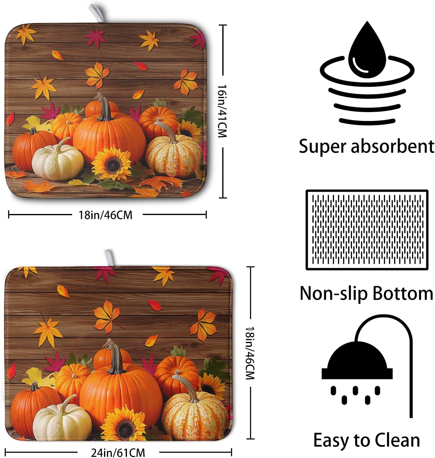 AutumnThanksgiving Pumpkin Dish Drying Mat for Kitchen Counter 18x24 Inch Fall Sunflowers Maple Leaves Harvest Kitchen Drying Mat Microfiber Super Absorbent Dish Rack Drainer Mat with Hanging Loop
