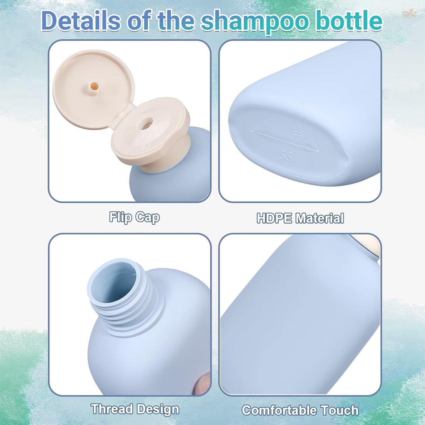8.8 oz Plastic Travel Shampoo Bottles, Empty Plastic Squeeze Bottles with Flip Cap for Toiletries, Leakage-proof Travel Shampoo and Conditioner Bottles (4 pack, BLUE)