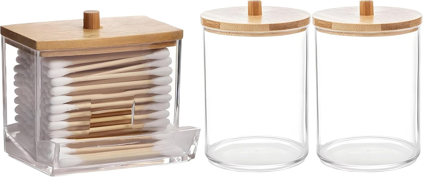 AXX Qtip Dispenser Apothecary Jars Bathroom - Qtip Holder Storage Canister Clear Plastic Jar for Cotton Swab,Q-Tips,Cotton Rounds (C#Bamboo2 3Pcs)