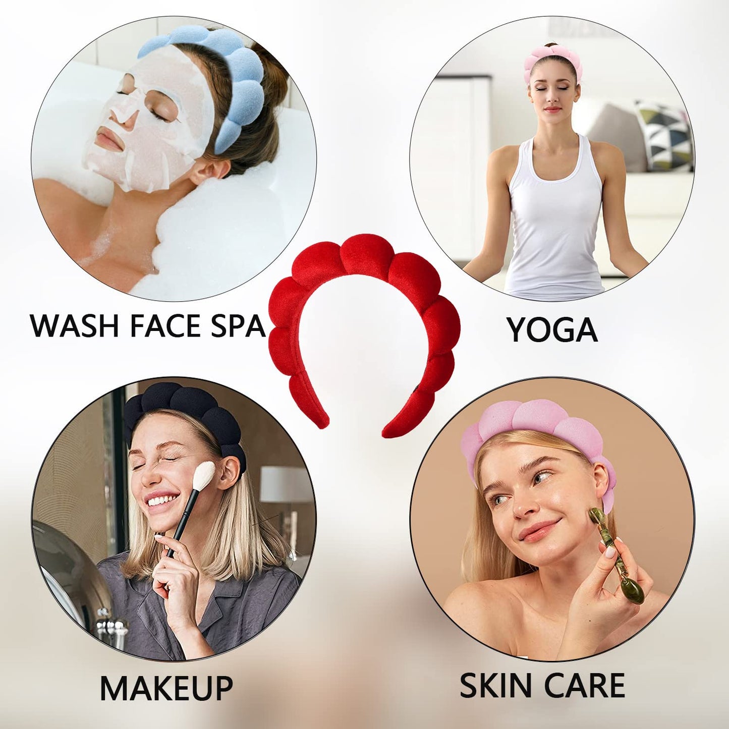 Luckybear Spa Headband for Washing Face, Velvet Makeup Headband with Face Wash Wristbands - Red