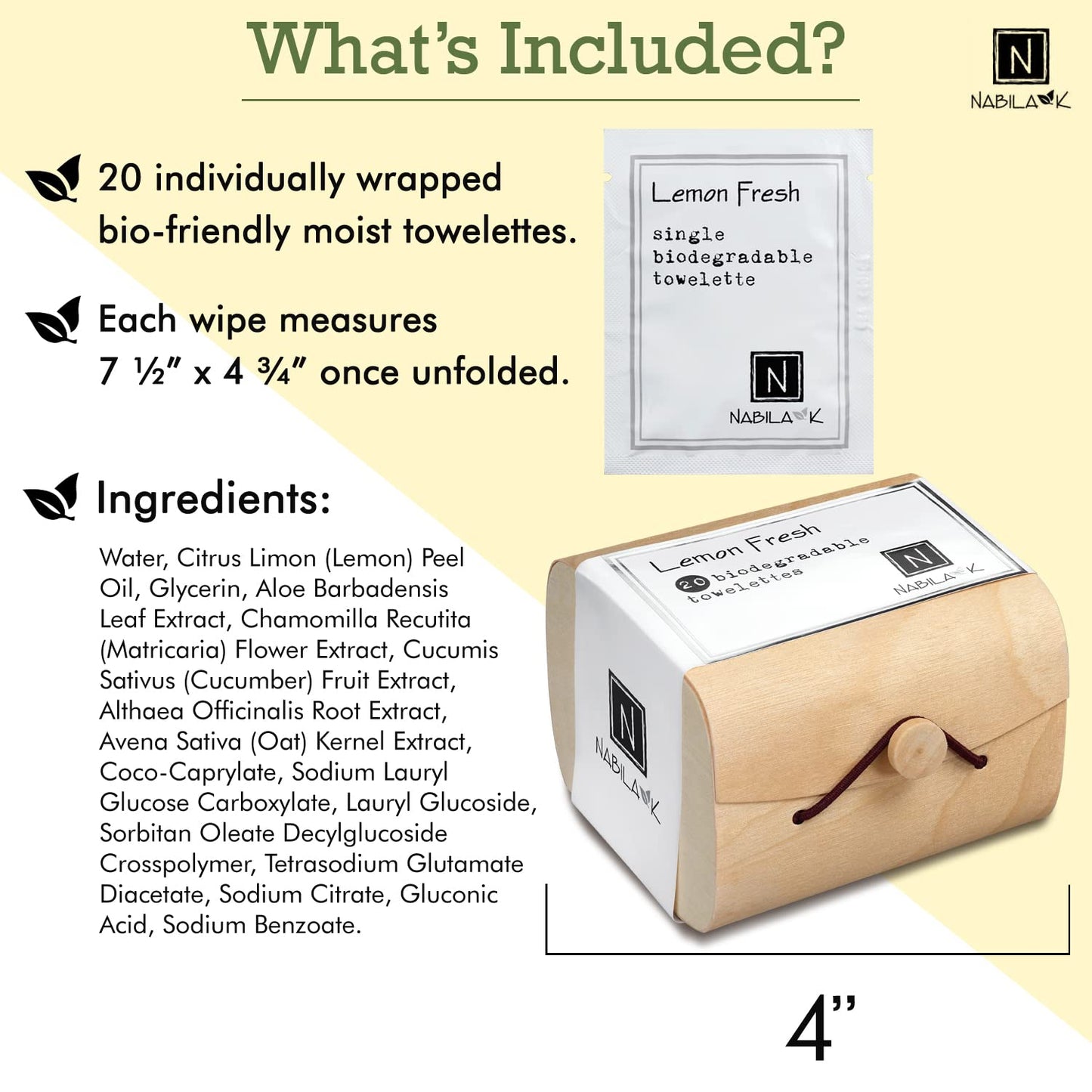 Lemon Fresh Scented Moist Towelettes Single Use by Nabila K - Alcohol-Free, Plant-Based with Natural Ingredients - Individually Wrapped Disposable Travel Size Wipes with Bamboo Case - 20 Count
