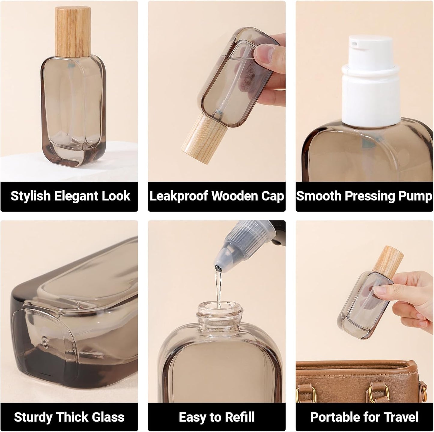 Segbeauty 1.7oz Travel Glass Pump Bottle for Lotion, 4pcs Glass Travel Bottles for Toiletries, 50ml Black Foundation Container for Liquids, Large Sample Bottles Dispenser for Creams Essential Oils