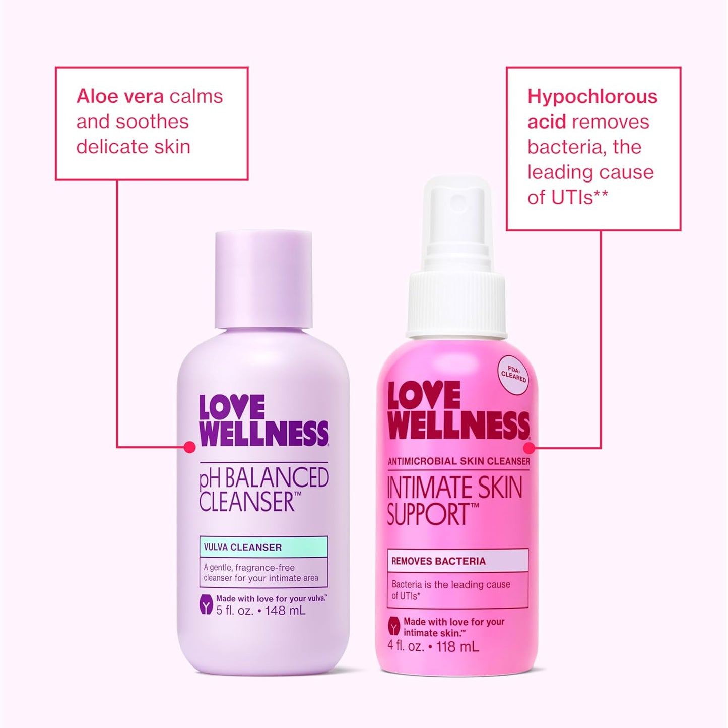 Love Wellness Feminine Hygiene Bundle | pH Balancing Cleanser + Intimate Skin Support Spray | Fragrance-Free Vulva Wash & UTI Prevention Spray | Gentle Daily Intimate Care Set for Women