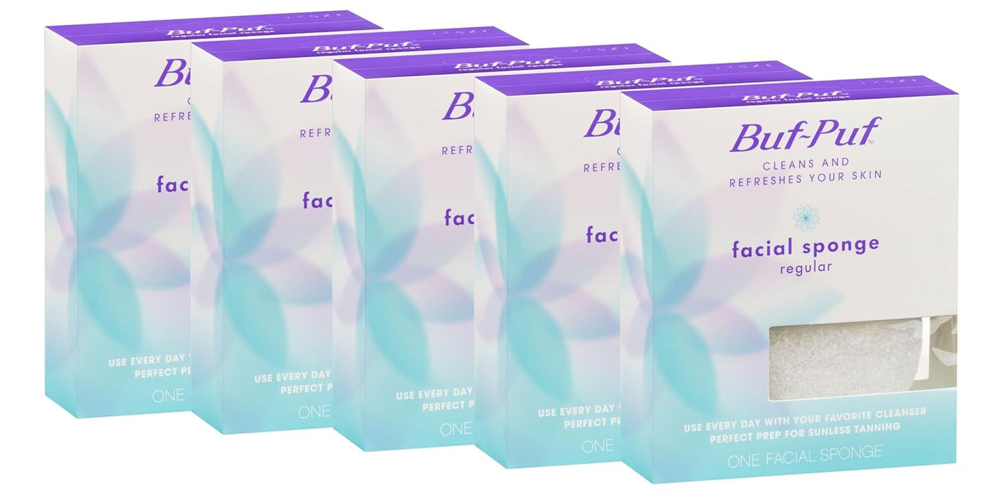 Buf-Puf Facial Sponge, Dermatologist Developed, Removes Deep Down Dirt & Makeup That Causes Breakouts and Blackheads, Reusable, Exfoliating, White, 5 Count