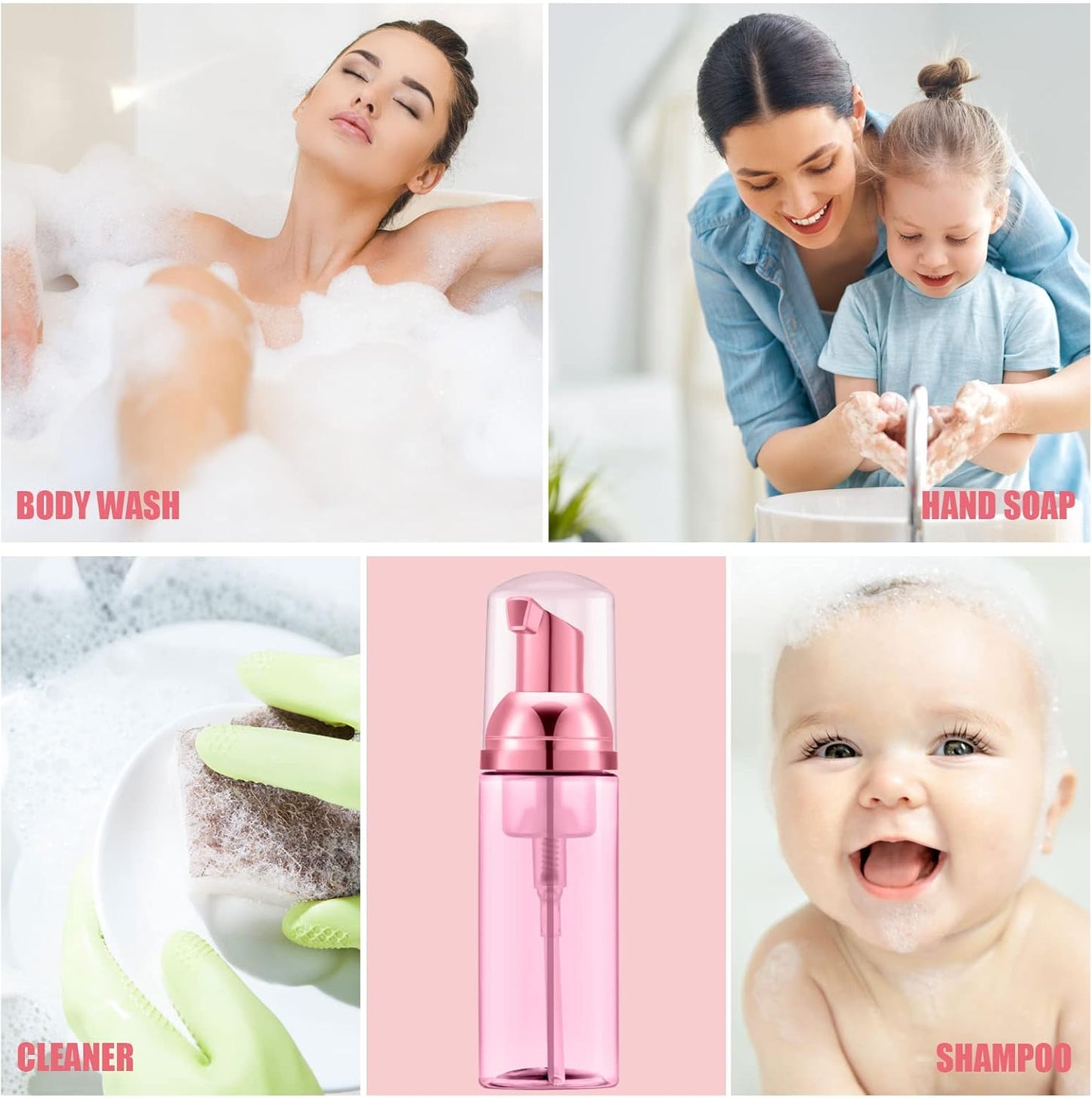 Lil Ray 2 Oz Empty Clear Rose Red Foam Pump Bottle, Travel Foamer Soap Dispenser for Lash Shampoo, Hand Soap, Foaming Cleaner(Rose Red Pump, 12 PCS)