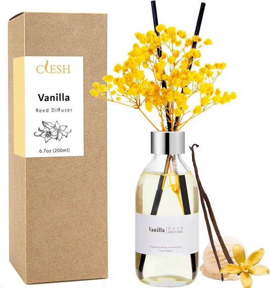 Clesh Reed Diffuser Set, 6.7 oz Vanilla Scented Diffuser with Sticks, Home Fragrance Reed Diffuser for Bathroom Shelf Decor