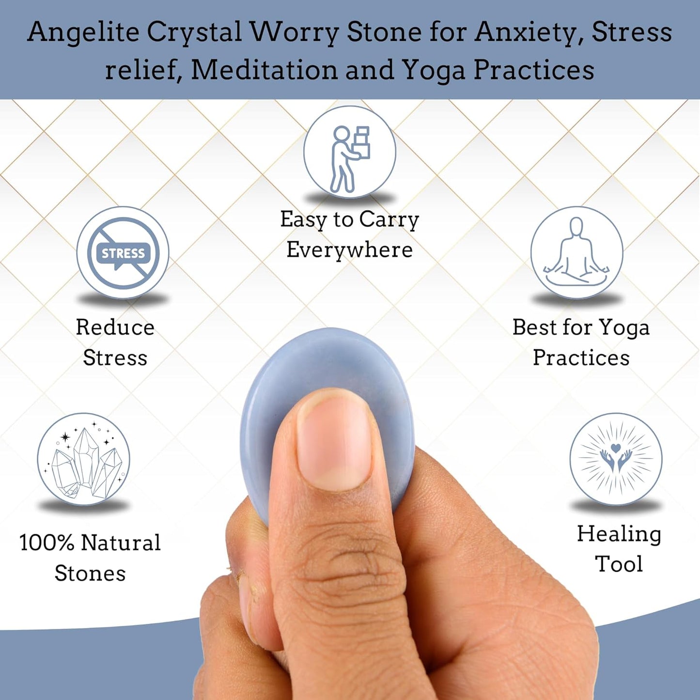Angelite Worry Stones – Crystal Thumb Worry Stone for Anguish, Stress – Relaxing & Soothing Balance Stones for Meditation, Stress Relief – Healing Stones & Crystals for Men, Women
