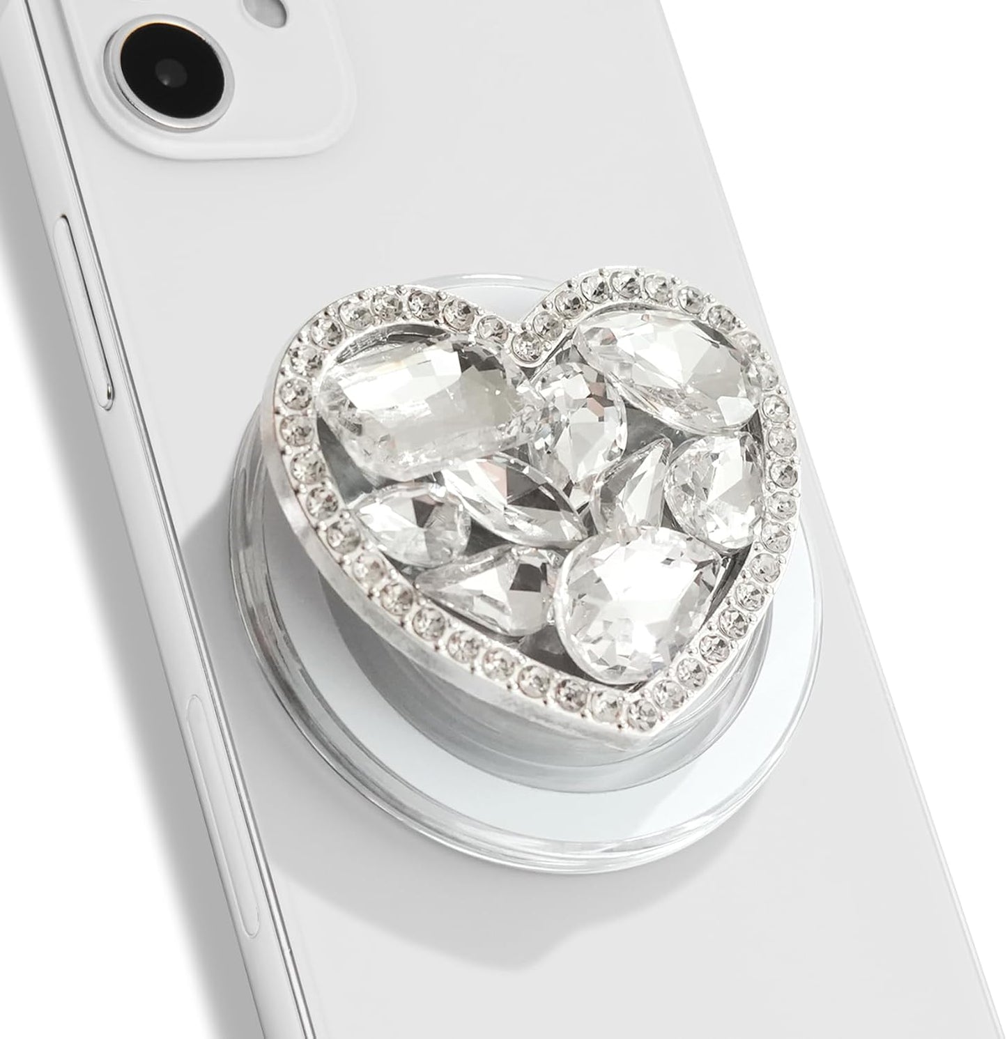 OnTheGrip Compatible with Magsafe Cute Cubic Diamond Heart Shape Design Collapsible Mobile Phone Grip Stand Holder for Smartphone Tablet Cell Phone Accessory (Silver Small)
