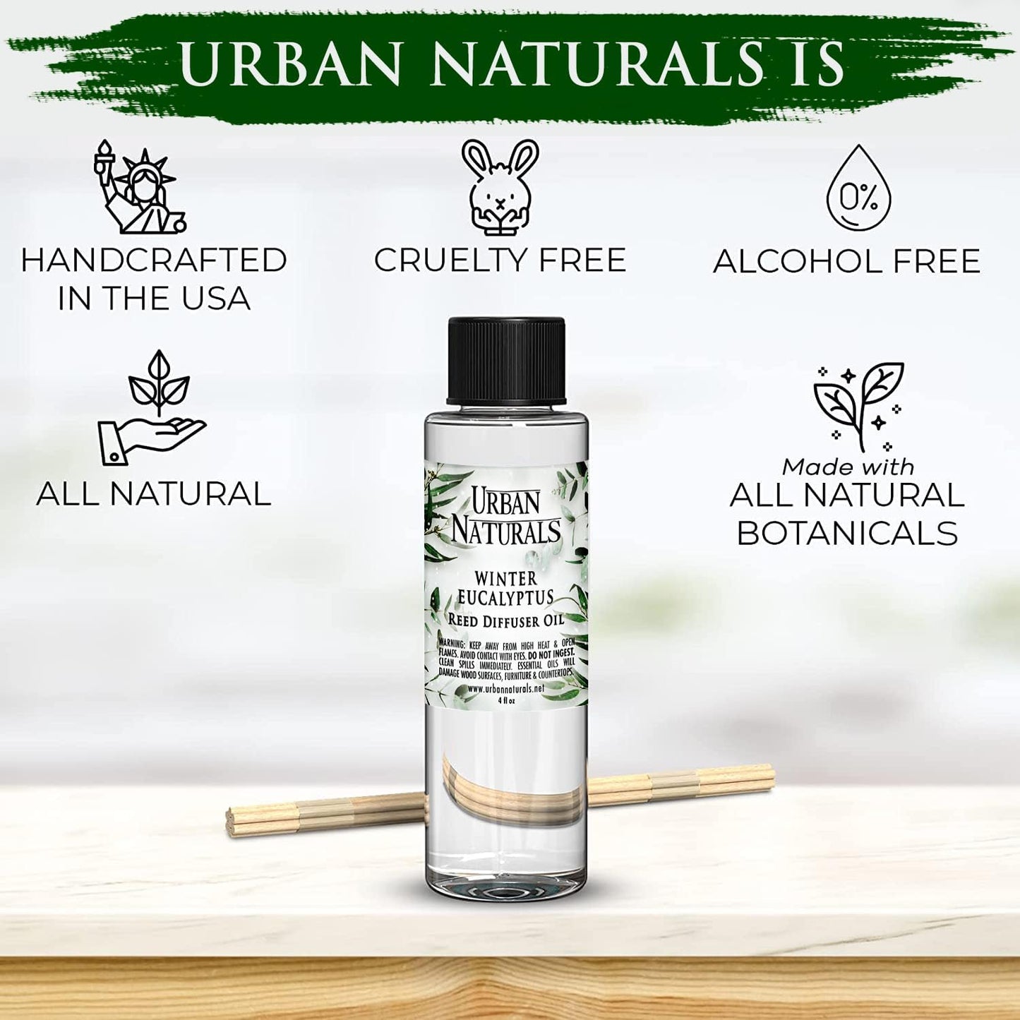 Urban Naturals Reed Diffuser Oil Refill Winter Eucalyptus, Crisp Eucalyptus, Mint, Spruce, Cedar, Essential Oils, 4 oz + Free Reed Sticks, Made in The USA