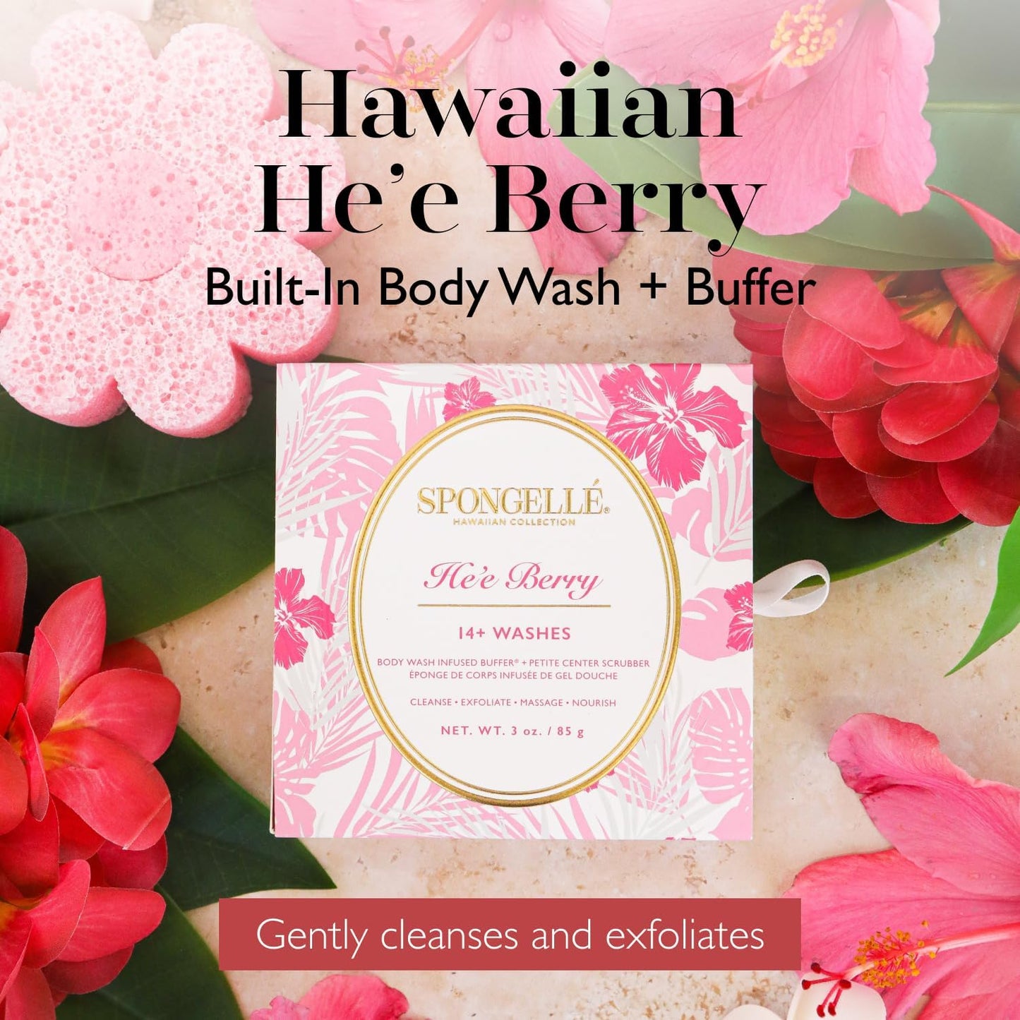 Spongellé He'e Berry Hawaiian Buffer | Body Wash Infused Sponge with Awapuhi & Kukui Nut Oil | Exfoliates & Hydrates | 14+ Uses