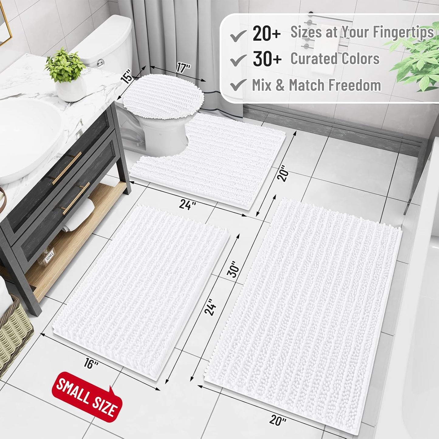 Arotive Luxury Chenille Bathroom Rug Mat, Extra Soft Thick Absorbent Shaggy Bath Rugs, Non-Slip Machine Wash Dry, Plush Bath Mats for Bathroom, Shower and Tub, 70x24, White