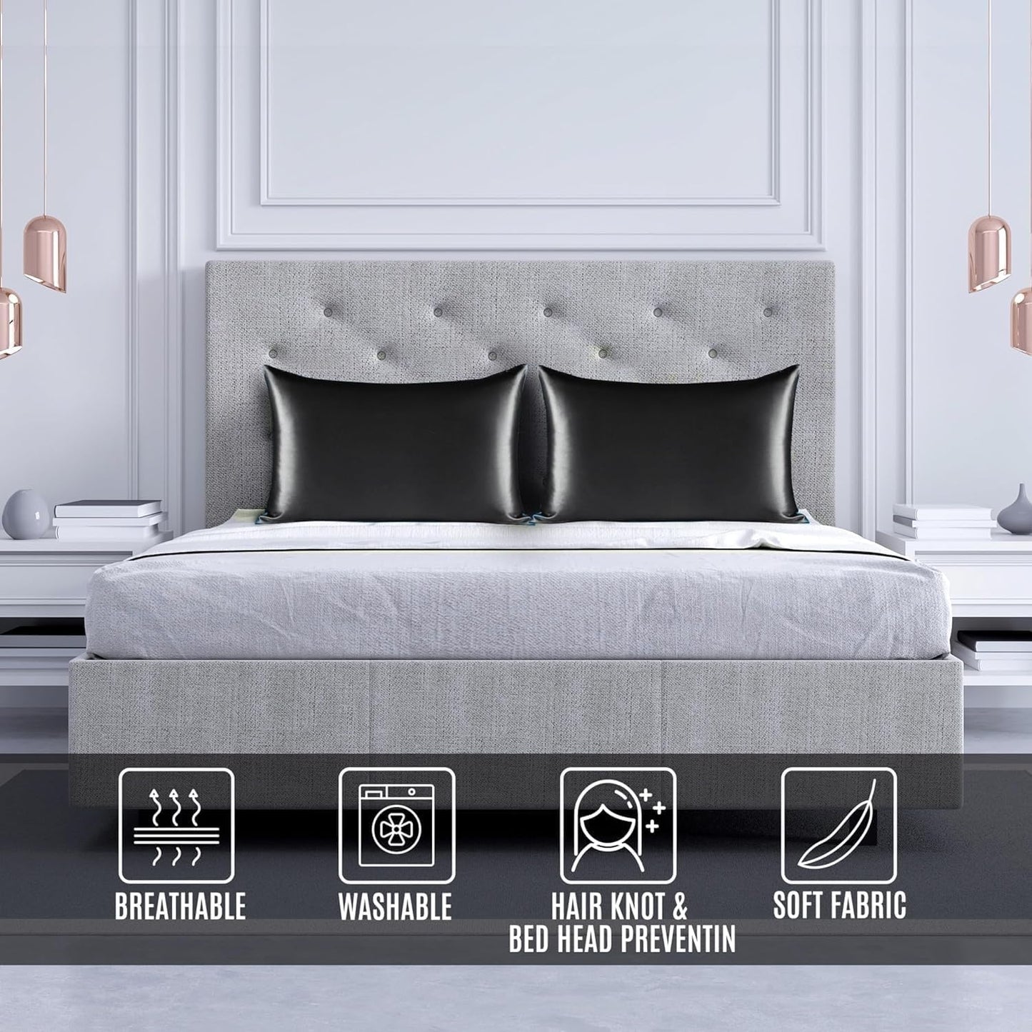 Satin Silk Pillowcase for Hair and Skin, Black Pillow Cases Standard Size Set of 4 Pack Super Soft Pillow Case with Zipper Closure (Black, King (4 Pack))