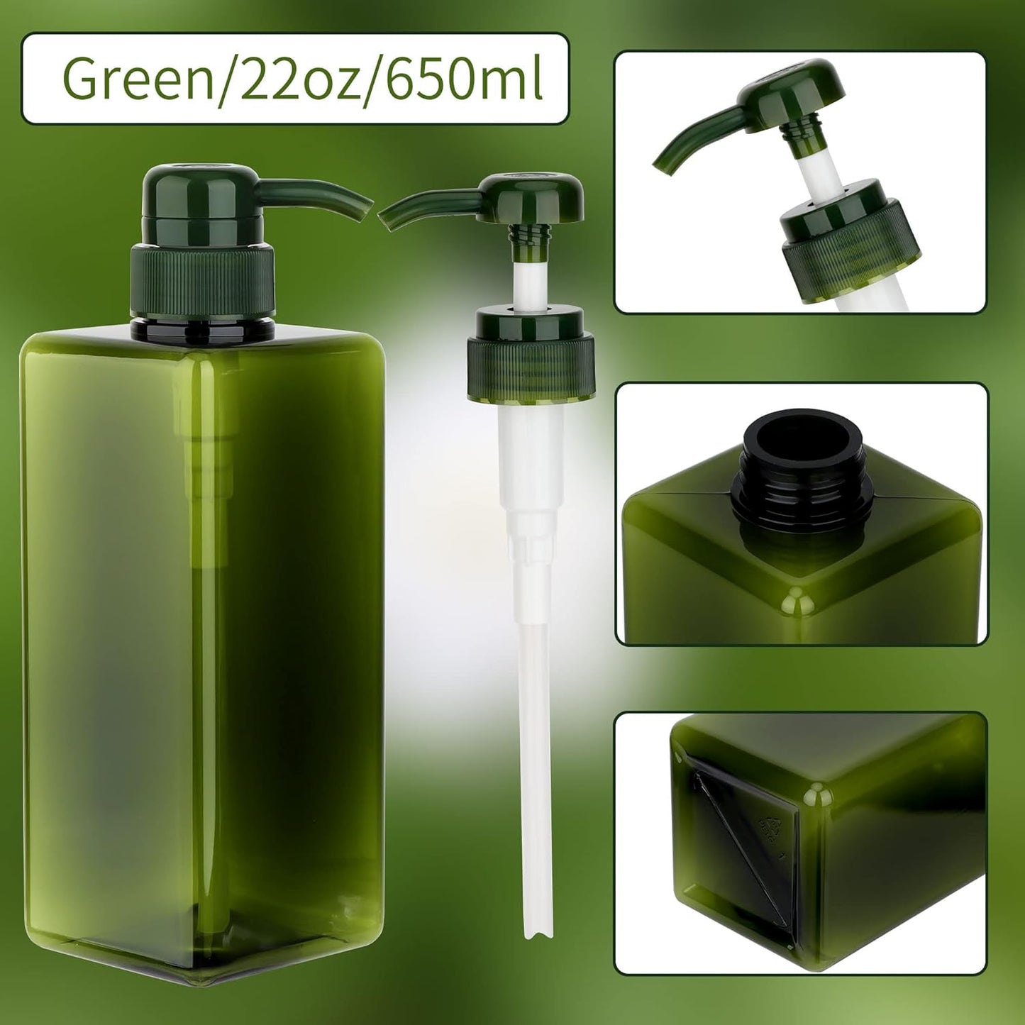 Pump Bottle Dispenser 22oz/650ml Jansburg 2Pack Refillable Square Plastic Lotion Dispenser Empty Lotion Pump Bottle for Essential Oil Lotion, Shampoo, Bathroom Travel Green