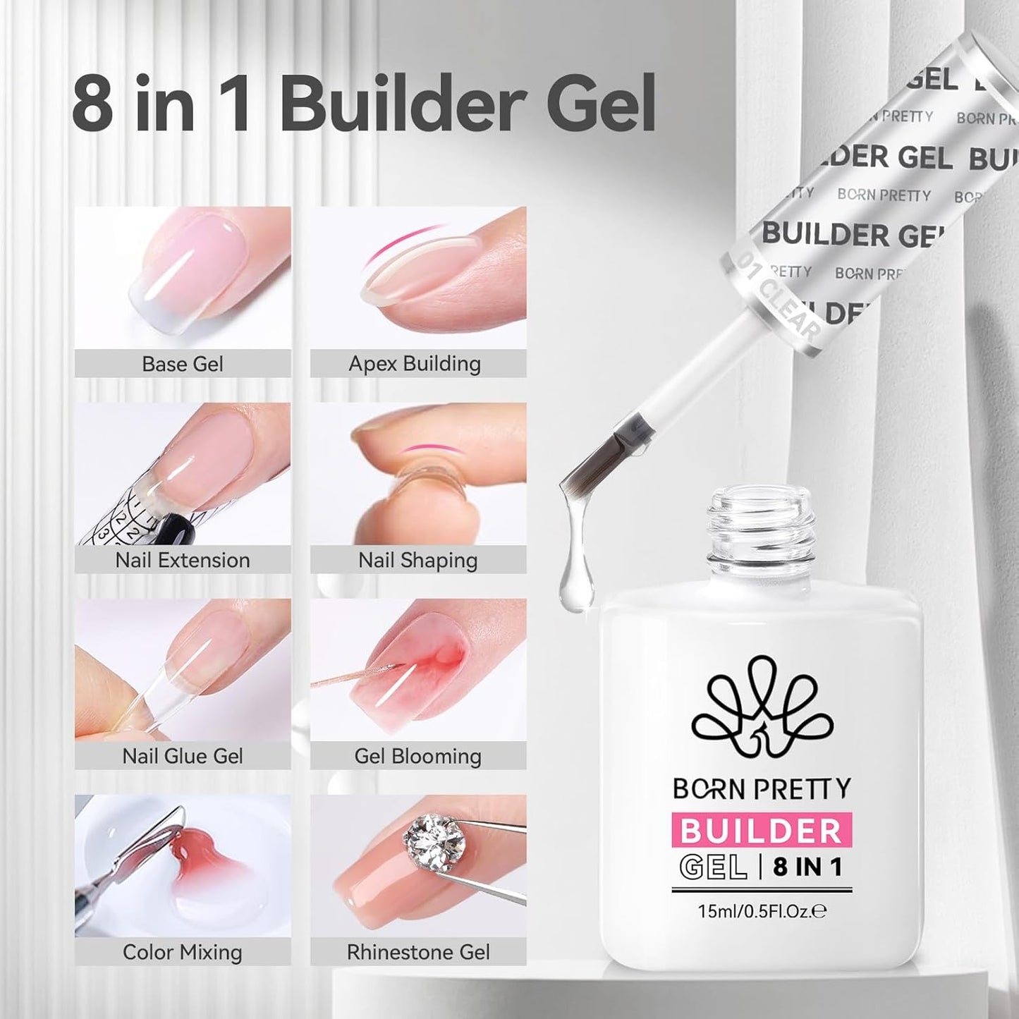 BORN PRETTY Builder Gel for Nails,8-in-1 Clear Builder Nail Gel for Nail Apex and Gel Extension Strengthener,Nail GLue Gel Hard Gel Base Rhinestone Nail Glue Gel in a Bottle 15ml
