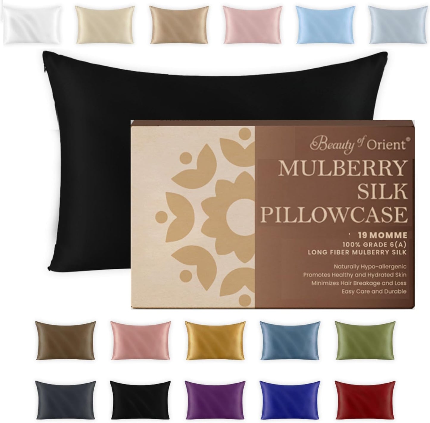 19 Momme Premium Mulberry Black Silk Pillowcase for Hair and Skin | Handcrafted Hypoallergenic & Anti-Acne 100% Silk Pillow Cases with Zipper | King - 20" x 36", Midnight