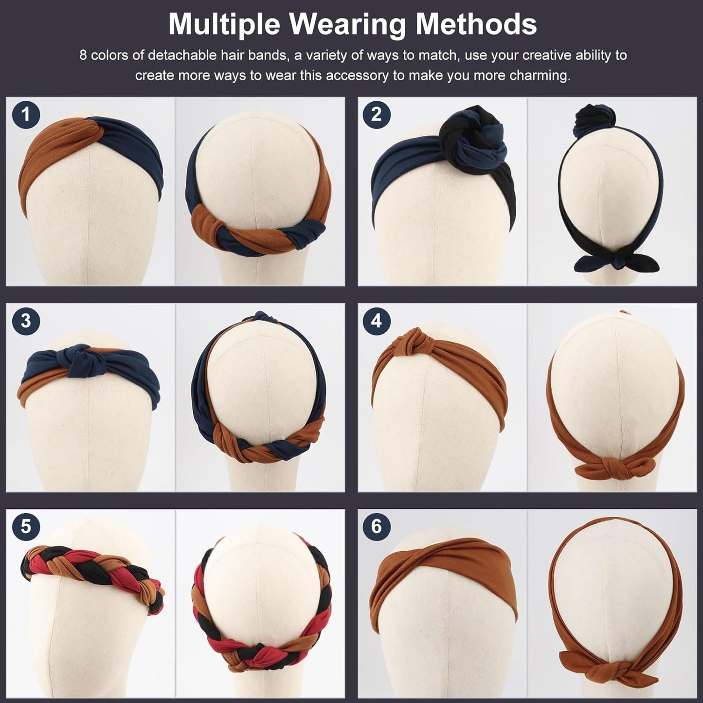 DRESHOW 8 Pack Adjustable Knotted Headbands Non Slip Elastic Yoga Hair Bands Solid Colors Headbands for Women and Girls