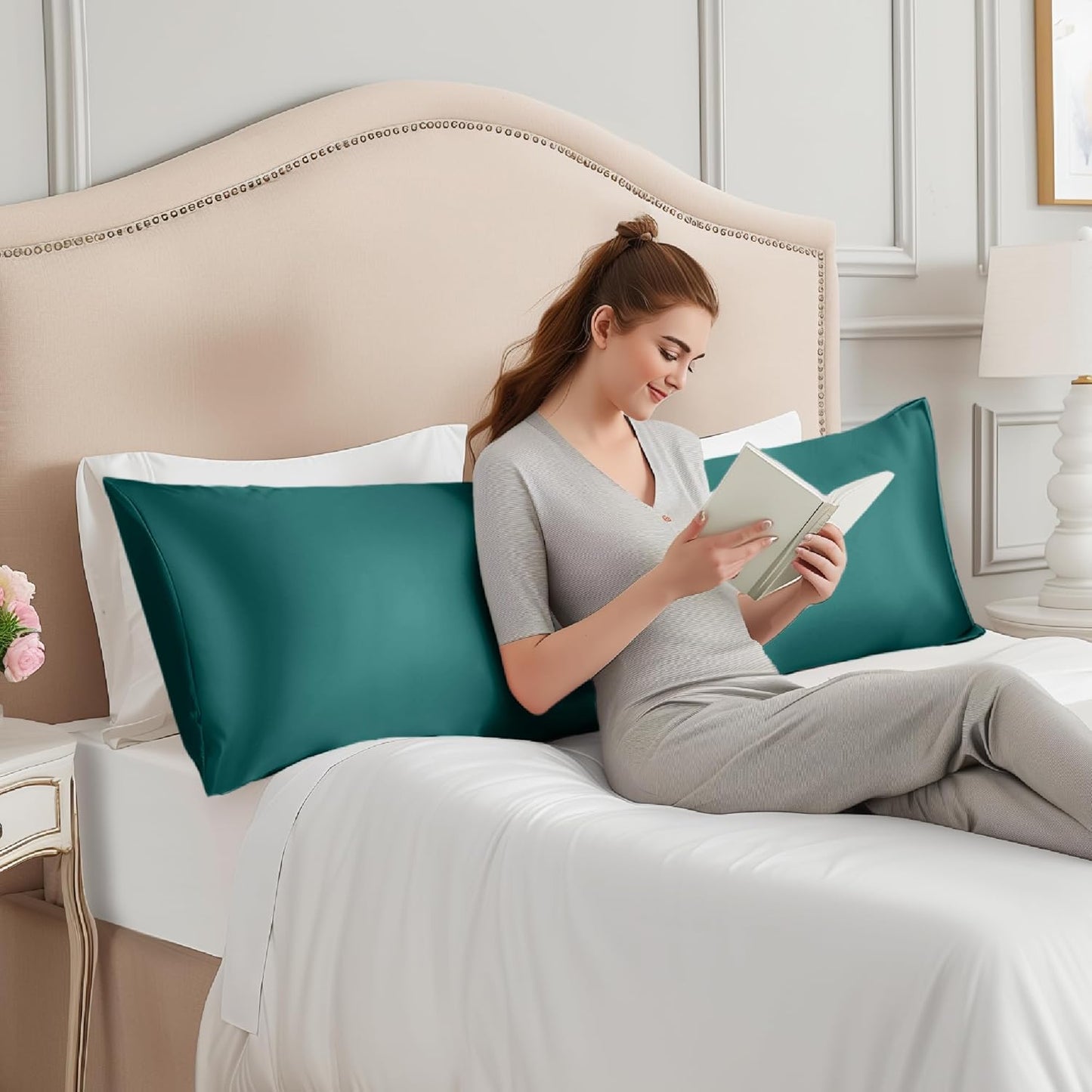 INFIIXSO Body Pillow Cover with Zipper, Luxury Mulberry Silk Body Pillow Case 20x54 Inches, Ultra Smooth and Soft Cooling Long Pillowcase, Gift for Women, Men(Teal)