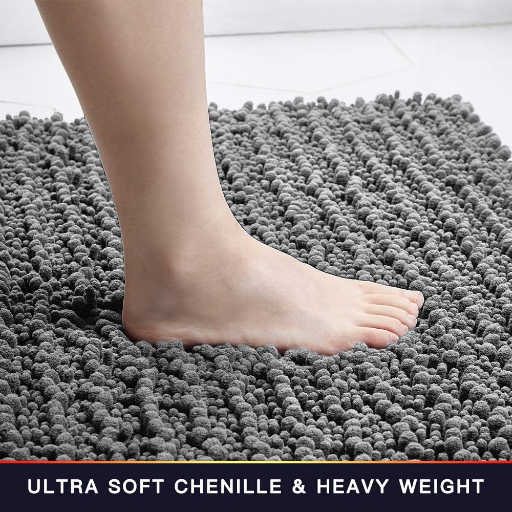 Walensee Bathroom Rug 2 Pieces Set Non Slip Bath Mat (20"x32" Plus 20"x32" Grey/Gray) Water Absorbent Super Soft Shaggy Chenille Machine Washable Dry Extra Thick Perfect Carpet for Shower Floor