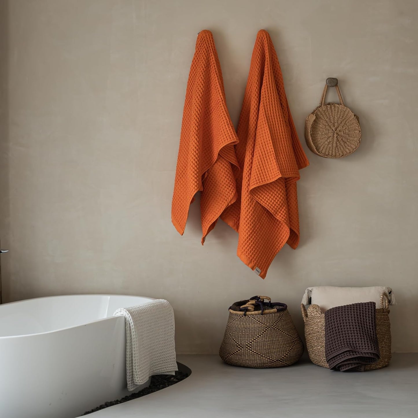 Luxury Japanese Cotton Waffle Bath Towel | Plush, Absorbent, and Quick Dry | Free Storage Bag Included (Coral Orange, Bath Sheet (2 Pack))