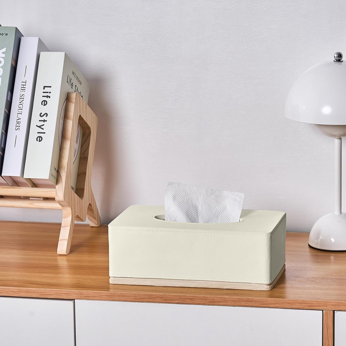 Rectangular Tissue Box Cover for Bathroom,Livingroom,Bedroom, Hand Carved Leather Resin Tissue Box Holder,10 x 5.7 x3.7 in, Beige