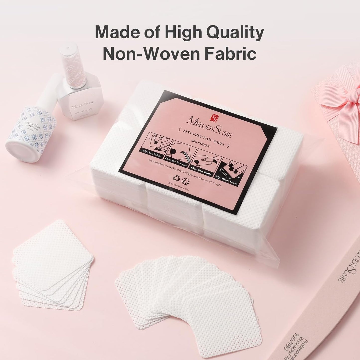 MelodySusie 600Pcs Lint Free Nail White Wipes Super Absorbent Soft Non-Woven for Fingernail Polish Remover and Eyelash Extension Wipes for Nail Art