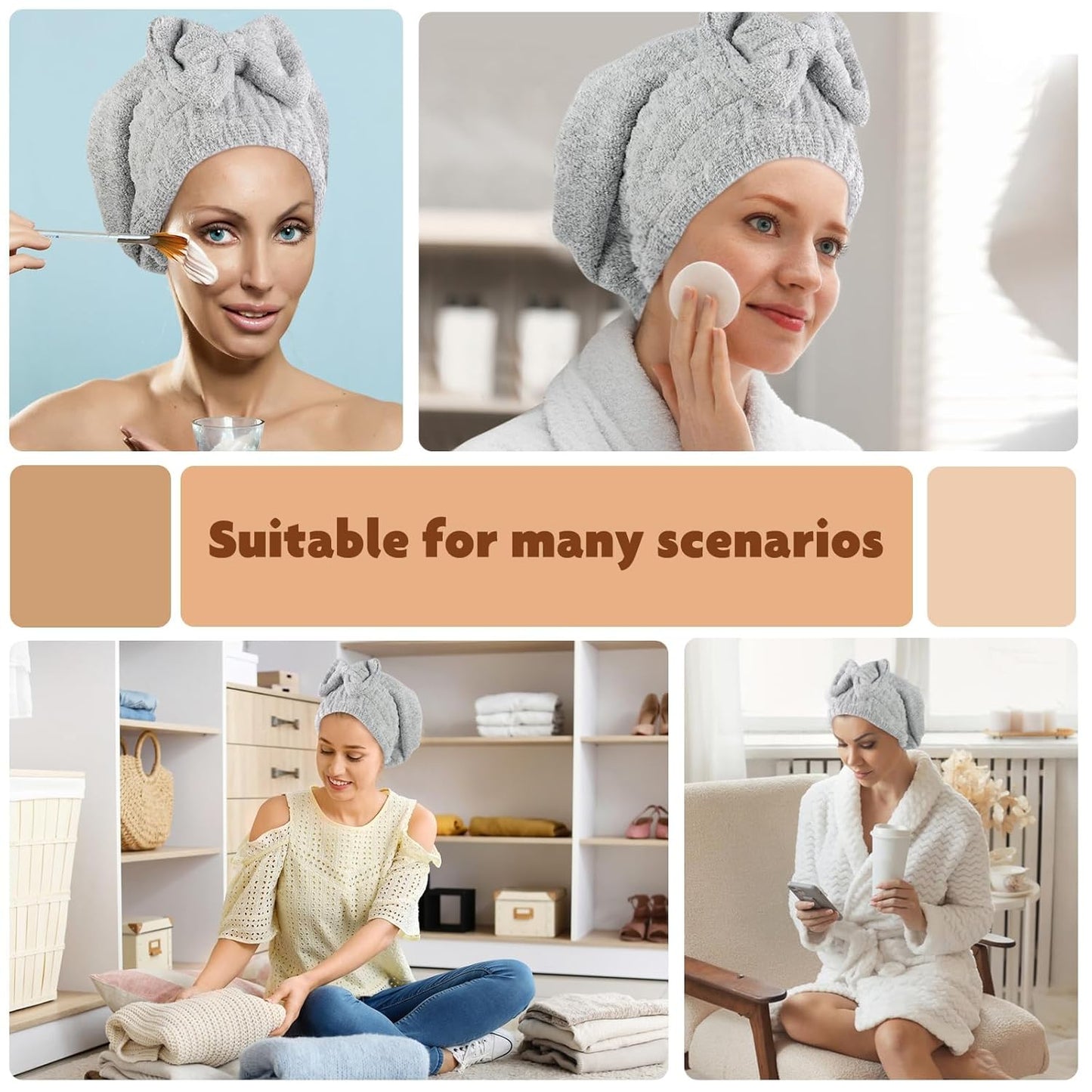 SUNLAND Large Microfiber Hair Drying Caps with Bow knot Fast Drying Shower Cap Soft and Absorbent hairWrap Hair Turban Bath Caps for Curly Thick and wet Hair 11 X 13.4 inch 2 Pack Grey