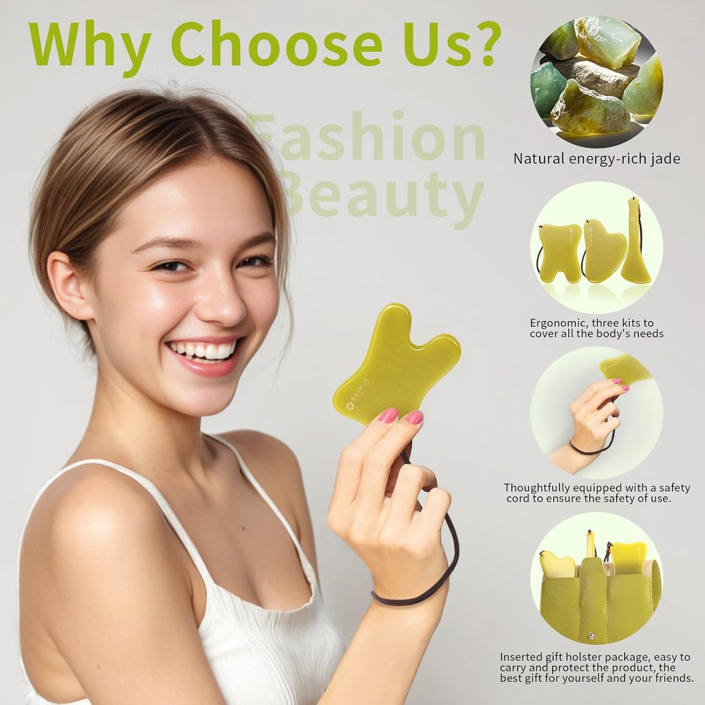 3 Piece Guasha Tool for Face Lymphatic Drainage Massager for Body Green Gifts Real Jade Gua Sha Set Comes with A Beautiful Carrying Pouch Spa Day Essentials