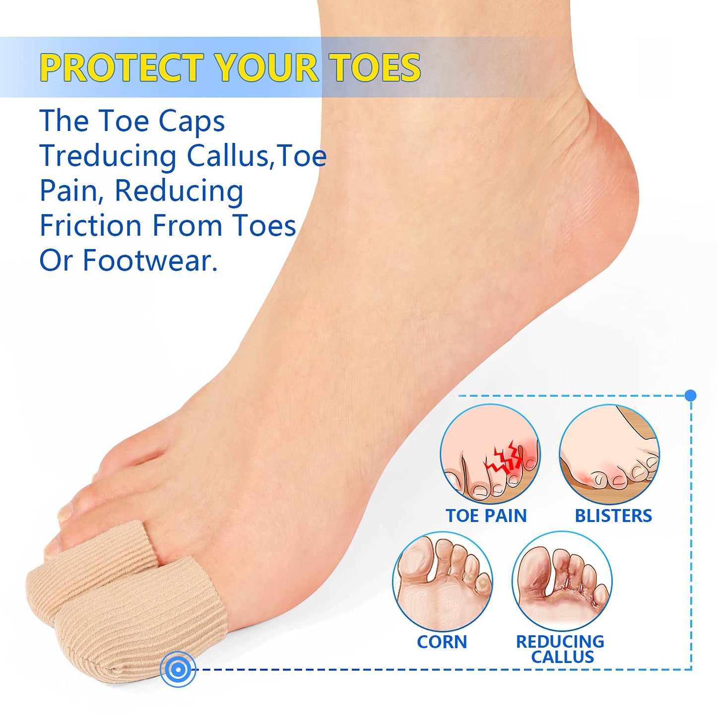 8 PCS Gel Toe Caps Closed Toe Surface Fabric Sleeve Protectors, Silicone Toe Sleeve Cushions and Protects, Provide Relief for Corns, Blisters and Calluses Protect (8)