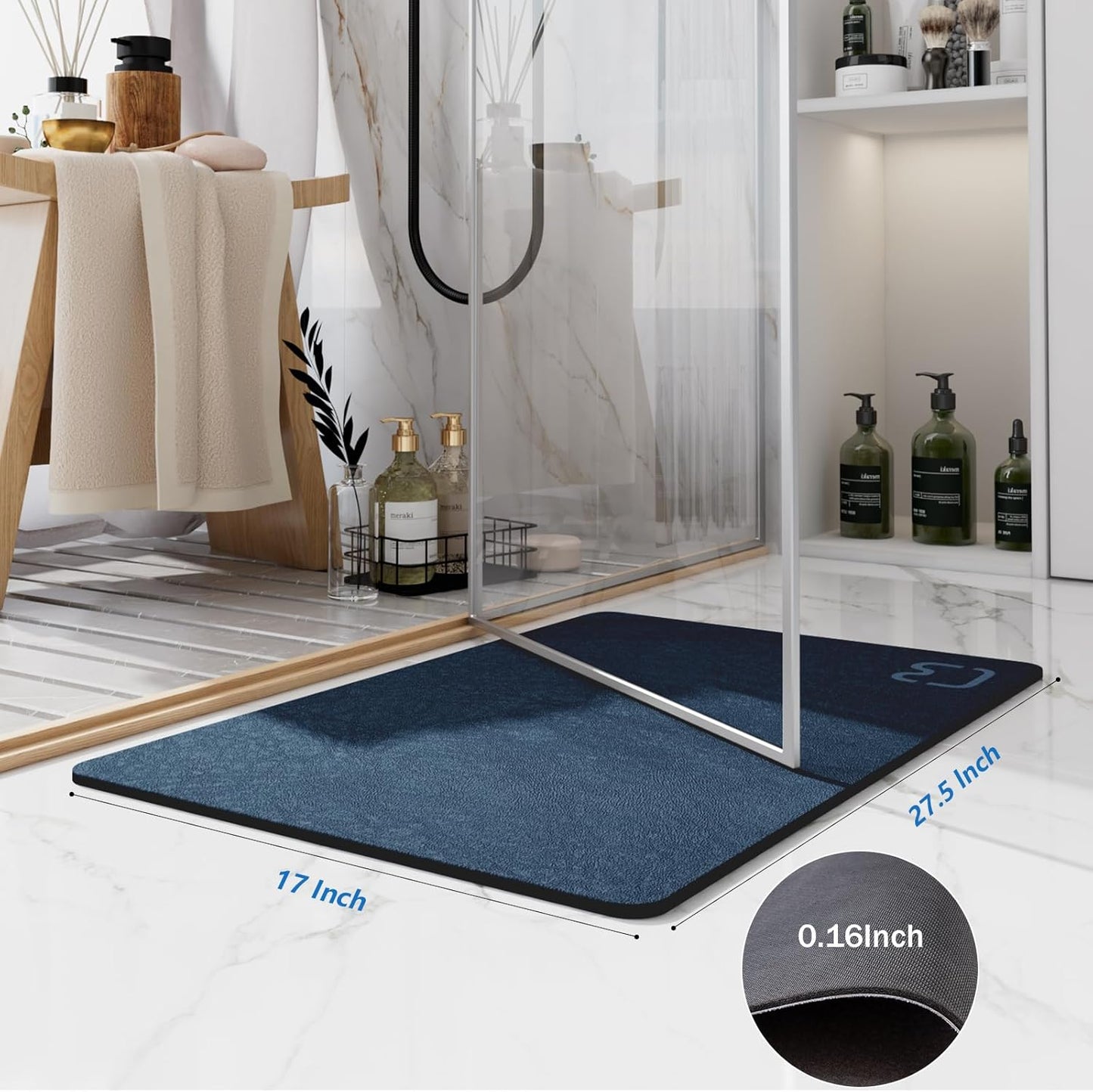 Diatomite Stone Bathroom Mats Rug - Rubber Non Slip Fast Dry Super Absorbent Thin Rugs Fit Under Door - Diatomaceous Earth Bath Mat for Bathroom,Shower Room,Laundry Room,Sink,17"x27.5",Navy