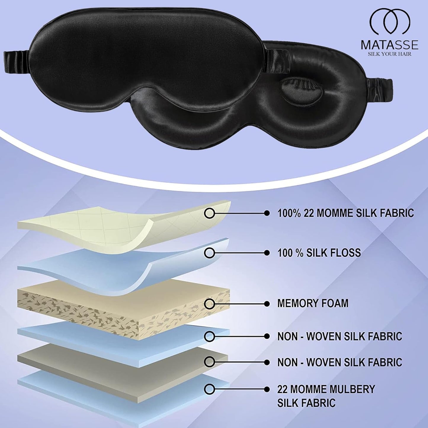 MATASSE Silk Eye Mask for Sleeping with Adjustable Elastic Band - 3D Contoured, Eye Cover Sleep Mask w/Genuine Mulberry Silk Including The Strap for Women, Men (Black)