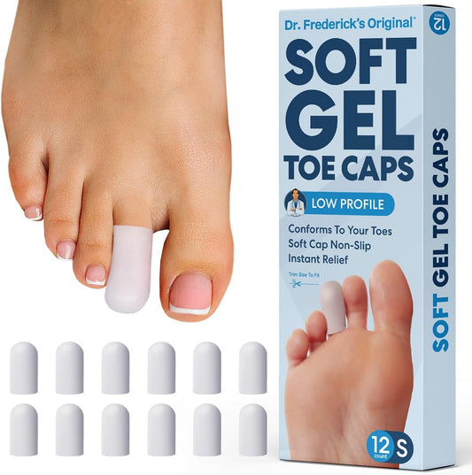 Dr. Frederick's Original Gel Toe Protectors for Men & Women - 12 ct - Toe Caps for Foot Pain Relief - Flexible Cushions for Ingrown Toenails, Corns, Calluses, Blisters, and Comfort - White - Small