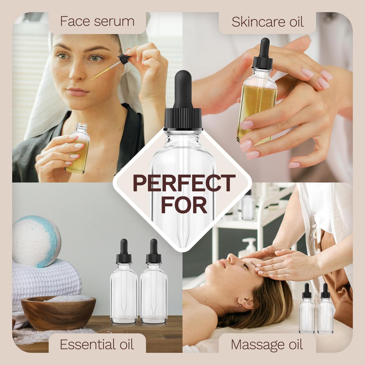 Bumobum 48 Pcs, 2 oz Clear Glass Dropper Bottle with 4 Extra Glass Dropper, 1 Funnel, 1 Pipette, 80 Labels, 60ml Travel Bottles for Essential Oils, Perfume, Hair Oil, Liquids - Leakproof