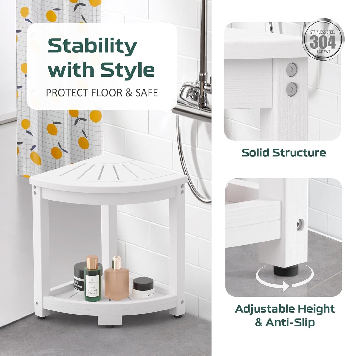 Corner Shower Stool for Inside Shower, HIPS Waterproof Shower Bench Seat Chair, Plastic Bath Shower Stool for Shaving Legs Foot Rest with Storage Shelf, Adjustable & Non-Slip Feet, White