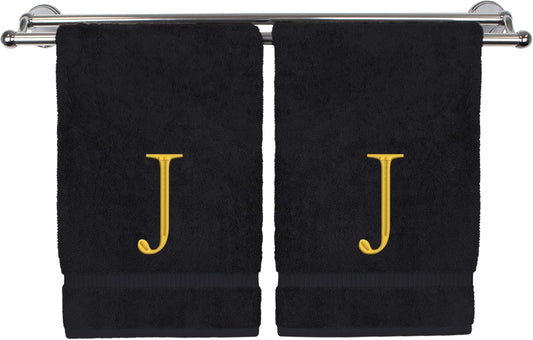 Monogrammed Hand Towel, Personalized Initial Gift, Extra Absorbent 100% Turkish Cotton - Soft Terry Finish - Set of 2 - Gold Block Initial J - Embroidered on Black Towels