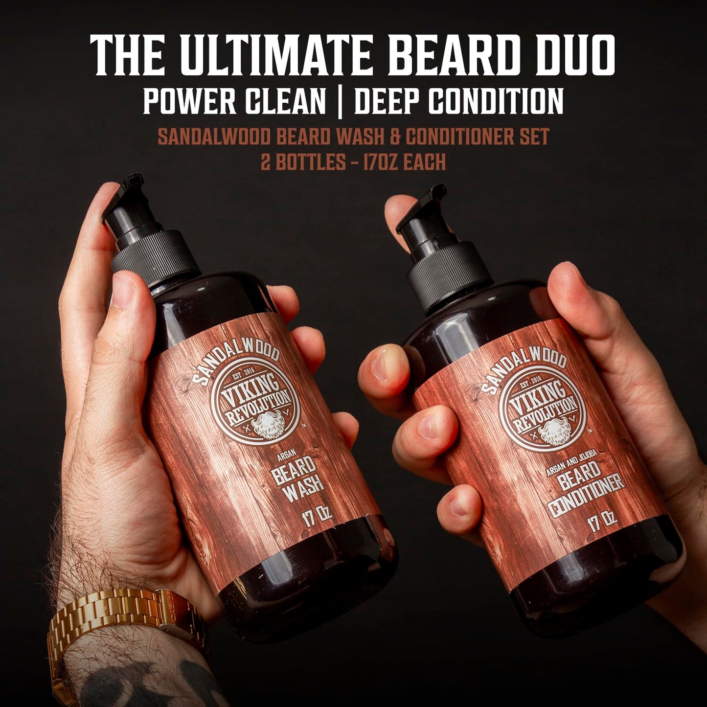 Viking Revolution Beard Wash & Beard Conditioner Set with Argan & Jojoba Oils - Softens and Strengthens - Natural Sandalwood Scent - Beard Shampoo with Beard Oil (17 oz)