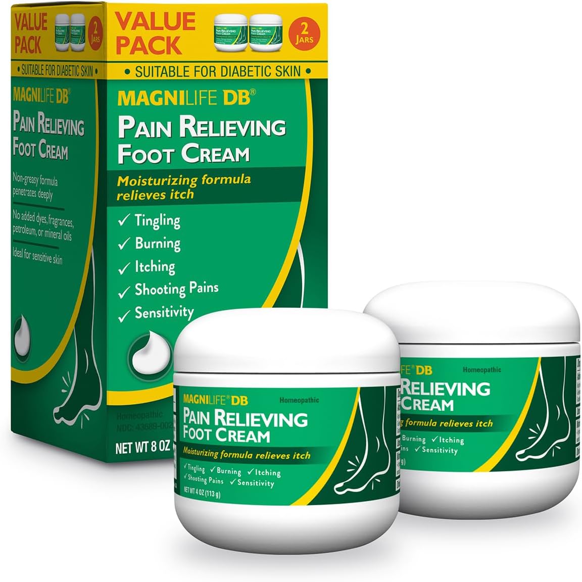 MagniLife DB Pain Relieving Foot Cream, Calming Relief for Burning, Tingling, Shooting & Stabbing Foot Pain, Moisturizing Foot Cream Suitable for Diabetic and Sensitive Skin - 2 Packs of 4 oz Jars